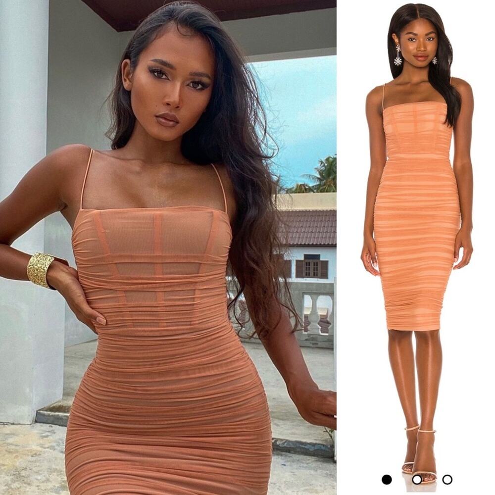 NWT NEW Nookie Mecca Midi Ruched Bodycon Dress Tan